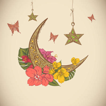 Traditional greeting card with arabic  lantern, flowers and stars, Ramadan Kareem hand drawn vector illustrationのイラスト素材