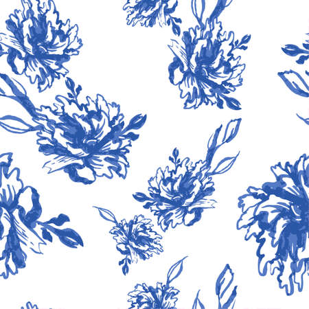 Seamless monochrome watercolor background with blue peonies, ink vector illustrationのイラスト素材