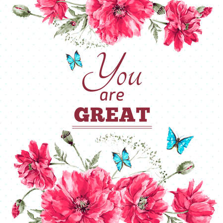 Delicate Vintage Watercolor Floral Card with Bouquet of Red Poppies and Blue Butterflies, Watercolor Vector illustration with Place for Your Text Delicate Vintage Watercolor Floral Card with Bouquet of Red Poppies and Blue Butterflies, Watercolor Vector illustration with Place for Your Text