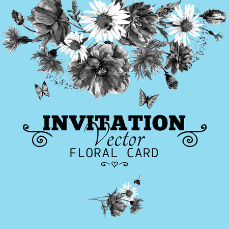 Watercolor monochrome floral greeting card with poppies, cornflowers and daisies, watercolor vector illustration, ladybird bee and butterflies on blue backgroundのイラスト素材
