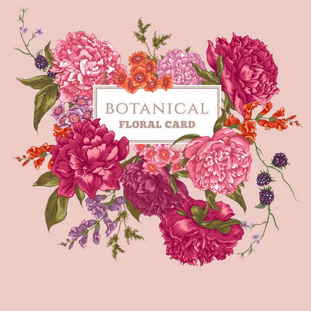 Beautiful Vintage Floral Greeting Card with Blooming Peonies, Vector Illustrationのイラスト素材
