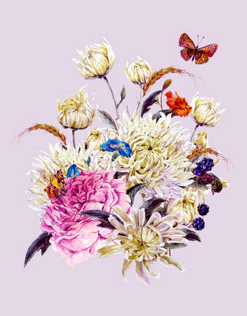 Vintage Watercolor Floral Card with Chrysanthemums, Roses, Wild Flowers and Butterflies. Watercolor Illustrationの写真素材