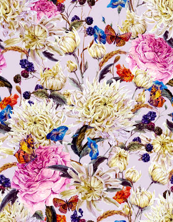 Vintage Watercolor Floral Seamless Background  with Chrysanthemums, Roses, Wild Flowers and Butterflies. Watercolor Illustrationの写真素材