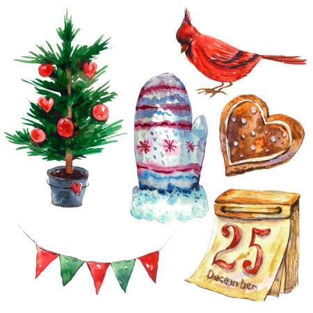 Watercolor vintage Merry Christmas and Happy New Year set isolated on white background, Gingerbread, Christmas tree, mittens, Bird Calendar Party flags garland, holiday illustrationの写真素材