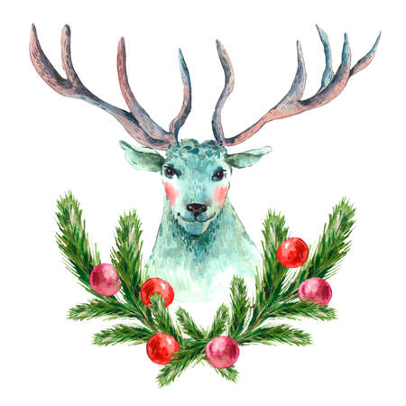 Watercolor greeting card, Snow white deer with antlers, fir branches, balls, Vintage Merry Christmas and Happy New Year illustrationの写真素材