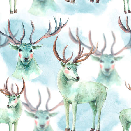 Watercolor seamless pattern with Snow white deer, Vintage Merry Christmas and Happy New Year illustration.の写真素材