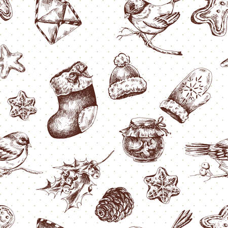 Winter hand drawn seamless background with Christmas elements, Envelope Bullfinches, Mittens Jam Sock Gingerbread Pine cones and Holly, Vintage vector Merry Christmas and Happy New Year illustrationのイラスト素材