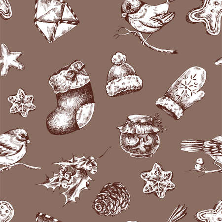Winter hand drawn seamless background with Christmas elements, Envelope Bullfinches, Mittens Jam Sock Gingerbread Pine cones and Holly, Vintage vector Merry Christmas and Happy New Year illustrationのイラスト素材