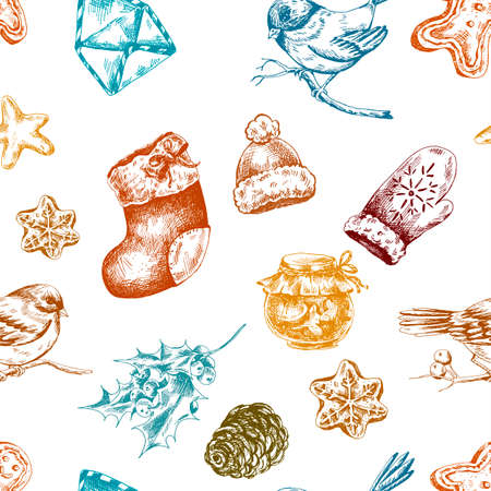 Winter hand drawn seamless background with Christmas elements, Envelope Bullfinches, Mittens Jam Sock Gingerbread Pine cones and Holly, Vintage vector Merry Christmas and Happy New Year illustrationのイラスト素材