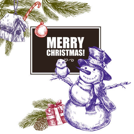 Winter hand drawn greeting card with Christmas elements, Snowman Spruce Candy Pine cone, Vintage vector Merry Christmas and Happy New Year illustrationのイラスト素材