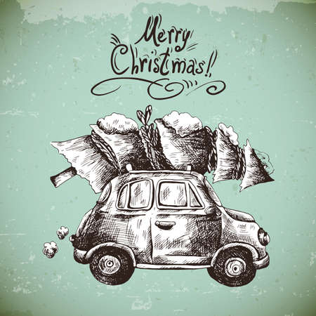 Winter hand drawn greeting card with retro car, Christmas tree, Vintage vector Merry Christmas and Happy New Year illustrationのイラスト素材