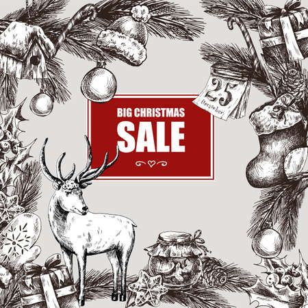 Big Christmas Sale, Vintage vector Merry Christmas and Happy New Year illustration, Deer Spruce Socks Candy Jam Pine coneのイラスト素材