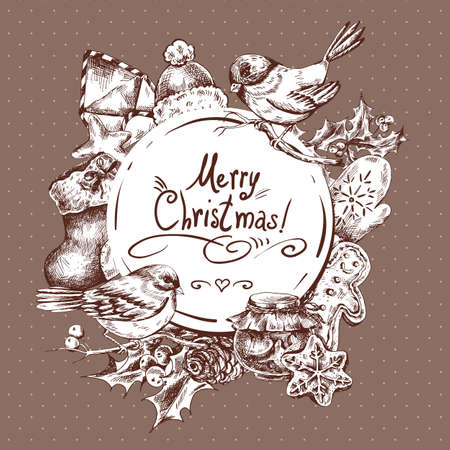 Winter hand drawn greeting card with Christmas elements, Envelope Bullfinches, Mittens Jam Sock Gingerbread Pine cones and Holly, Vintage vector Merry Christmas and Happy New Year illustrationのイラスト素材