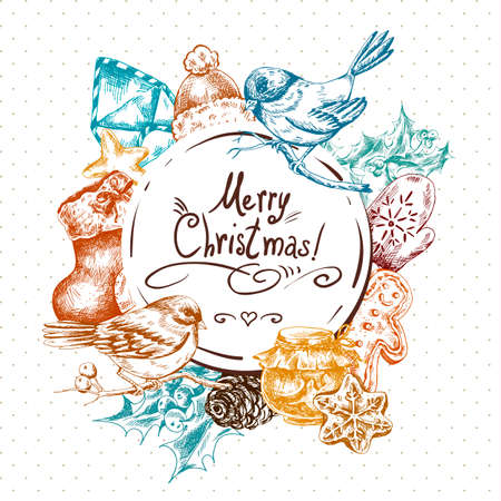 Winter hand drawn greeting card with Christmas elements, Envelope Bullfinches, Mittens Jam Sock Gingerbread Pine cones and Holly, Vintage vector Merry Christmas and Happy New Year illustrationのイラスト素材