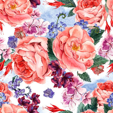 Picturesque seamless pattern with Floral Bouquet of Roses, White Daisy and Blue Wild Flowers in Vintage Style, Greeting Card, watercolor illustration.の写真素材