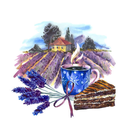 Watercolor greeting card with blooming violet lavender, cup of tea and tiramisuの写真素材