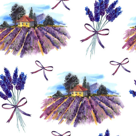 Watercolor seamless pattern with landscape, blooming violet lavender fieldの写真素材