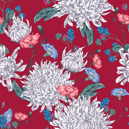 Vintage Floral Seamless Background with Blooming Chrysanthemums. Vector Illustration on a Red Background.のイラスト素材