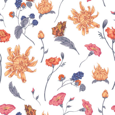 Vintage Floral Seamless Background with Blooming Chrysanthemums. Vector Illustration on a White Background.のイラスト素材