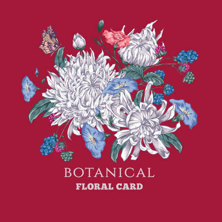 Vintage Floral Greeting Card with Blooming Chrysanthemums and Wildflowers. Vector Illustration on a Red Background.のイラスト素材