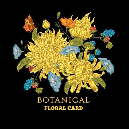 Vintage Floral Greeting Card with Blooming Chrysanthemums. Vector Illustration on a Black Background.のイラスト素材