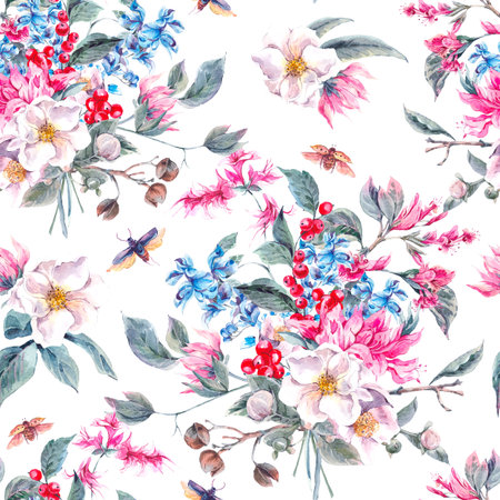 Watercolor Vintage Seamless Background with Gentle Spring Pink Flowers and Beetles, Botanical Watercolor illustrationの写真素材