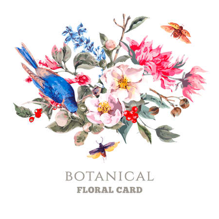 Spring Vintage Greeting Card with Gentle Pink Flowers, Beetles and Birds, Botanical Vector illustrationのイラスト素材
