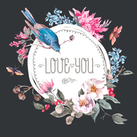 Spring Vintage Round Frame with Gentle Pink Flowers, Beetles and Birds, Botanical Vector illustrationのイラスト素材