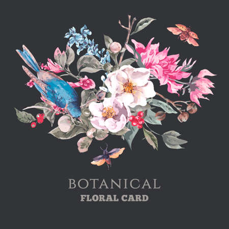 Spring Vintage Greeting Card with Gentle Pink Flowers, Beetles and Birds, Botanical Vector illustrationのイラスト素材