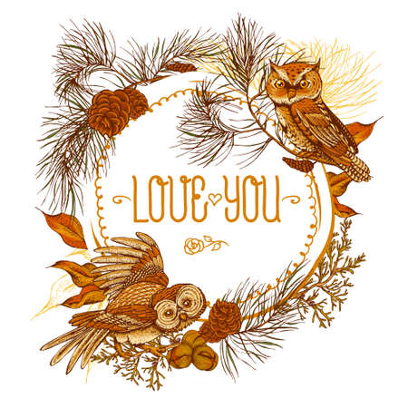 Forest vintage round frame with owls, spruce branches and fir cones, Love You vector illustrationのイラスト素材