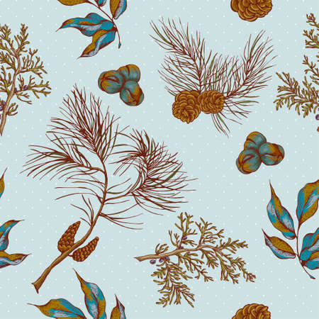 Winter Christmas vintage seamless background with spruce branches and fir cones, vector illustrationのイラスト素材