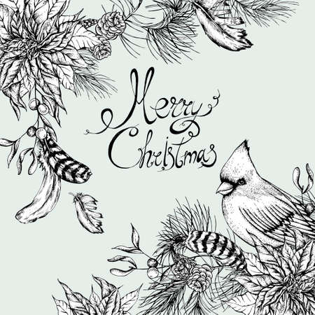 Monochrome Christmas vintage floral greeting card with poinsettia, feathers and bird red cardinal. Botanical vector illustrationのイラスト素材