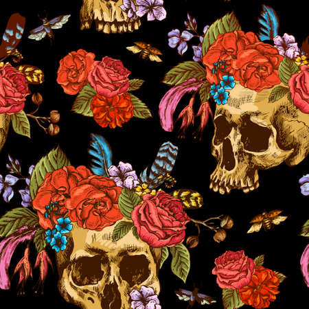 Skull and Flowers Seamless Pattern, Day of The Dead, Vintage Vector illustration, tattoo designのイラスト素材