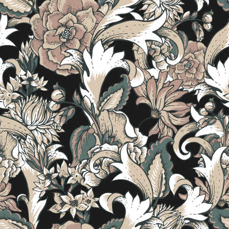 Vintage baroque seamless pattern with swirls and flowers, vector illustrationのイラスト素材