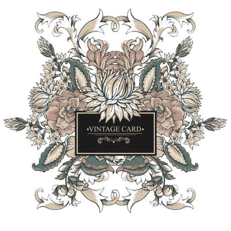 Vintage symmetric baroque greeting card with swirls, flowers, vector illustrationのイラスト素材