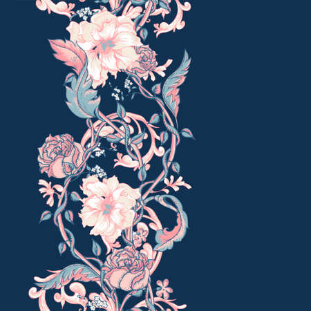 Vintage floral baroque seamless border with blooming magnolias, roses and twigs, vector illustrationのイラスト素材