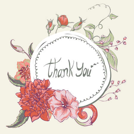 Vintage botanical greeting card with blooming peony, hibiscus, swirls and roses buds, hand drawn vector illustrationのイラスト素材