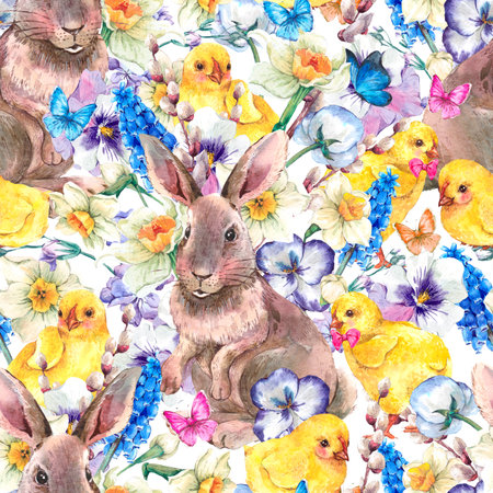 Watercolor vintage Happy Easter seamless pattern with cute bunny, chickens, flowers and butterflies,...