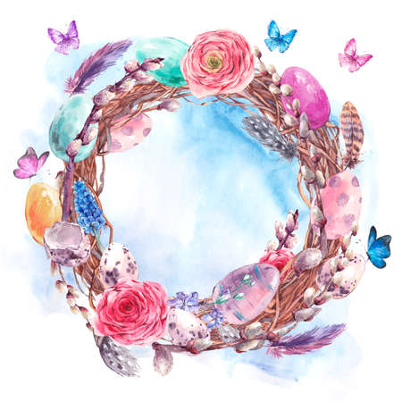 Watercolor Happy Easter wreath, spring bouquet with pussy-willow, muscari, colored eggs, ranunkulus, feathers and butterflies, botanical vintage watercolor illustrationの写真素材