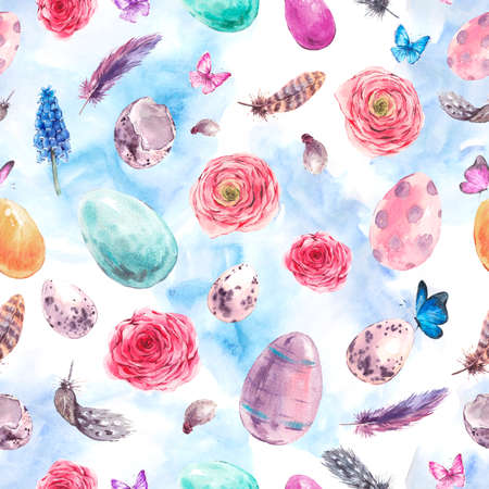 Watercolor Happy Easter Seamless Pattern, spring bouquet with colored eggs, ranunkulus, feathers and butterflies, botanical vintage watercolor illustrationの写真素材