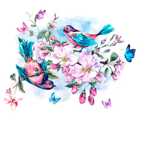 Vintage garden watercolor spring greeting card with pink flowers blooming branches of peach, pear, apple trees, birds and butterflies, isolated botanical illustrationの写真素材