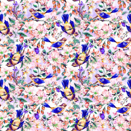 Vintage garden watercolor spring seamless background with pink flowers blooming branches of peach, pear, apple trees, birds and butterflies, isolated botanical illustrationの写真素材