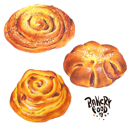 Hand drawn baking set isolated on a white background, sweet bun with apple jam, curd cream, plum-cake, poppy seeds, raisins, Retro pencil food illustrationの写真素材