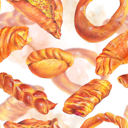 Hand drawn baking seamless background, sausage in puff pastry, pizza, pie, bagel Retro pencil food illustrationの写真素材