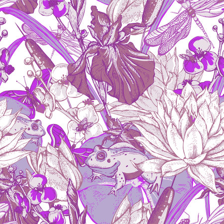 Vintage pond water flowers vector seamless pattern, Botanical shabby chic illustration iris, lily, frog, reeds, butterfly wildflowers dragonfly leaves and twigsのイラスト素材