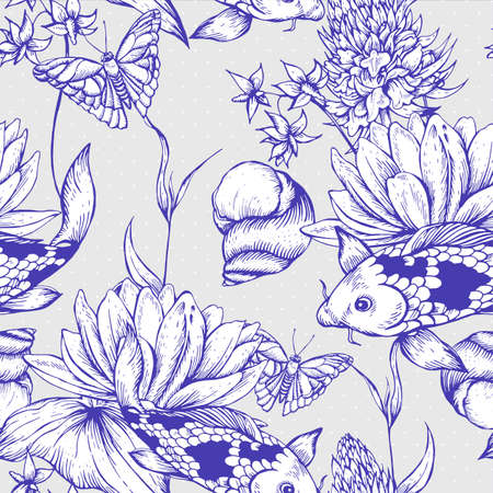 Vintage monochrome pond water flowers vector seamless pattern, Botanical shabby chic illustration lily, carp, snail leaves and twigs Floral design elements.のイラスト素材