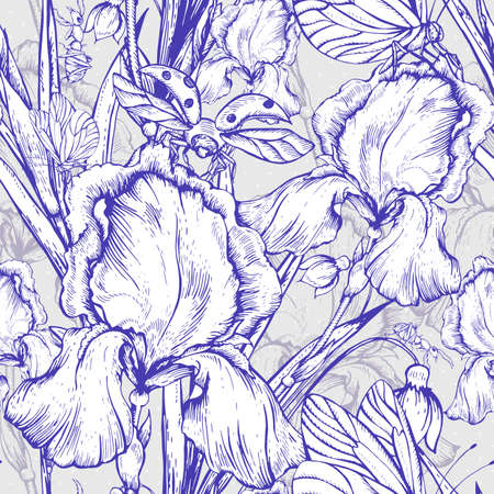 Vintage garden flowers vector seamless pattern, Botanical shabby chic illustration iris, ant, butterfly, ladybird wildflowers  leaves and twigs  Floral design elements.のイラスト素材