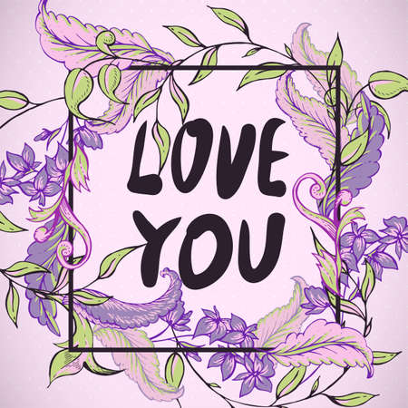 Vintage baroque greeting card with swirls, flowers, Love you vector illustrationのイラスト素材