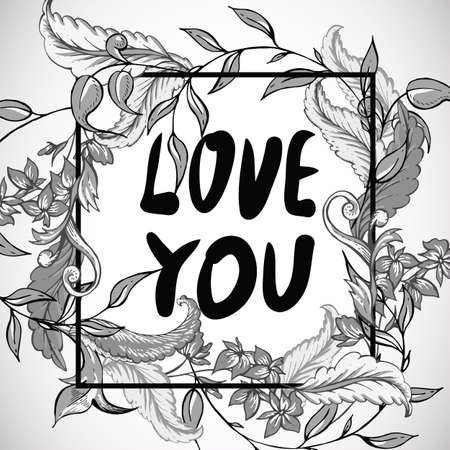 Vintage baroque greeting card with swirls, flowers, Love you vector illustrationのイラスト素材