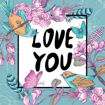 Vintage garden spring greeting card. Pink flowers blooming branches of cherry, apple trees, peach birds and butterflies, Love you vector botanical illustration. Floral design elementsのイラスト素材
